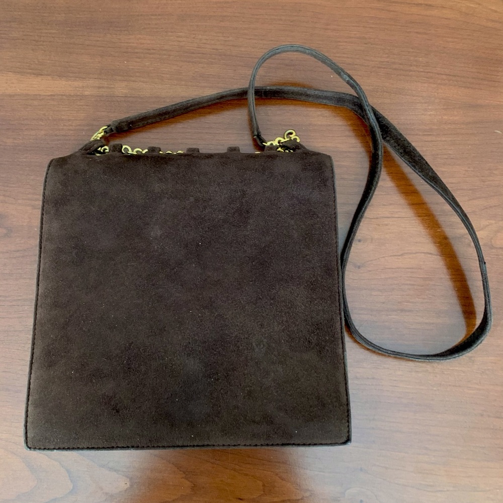 Cocoa Brown color real suede leather shoulder bag clutch purse gold metal accent